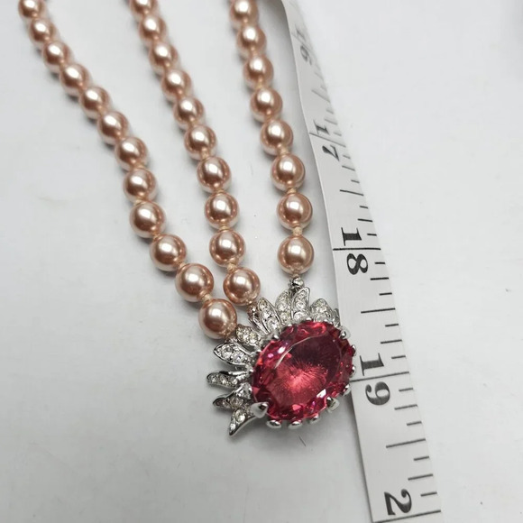 Nolan Miller Glamour Collection Faux Pearl Necklace Pink Clear Rhinestone Accent - Picture 7 of 8